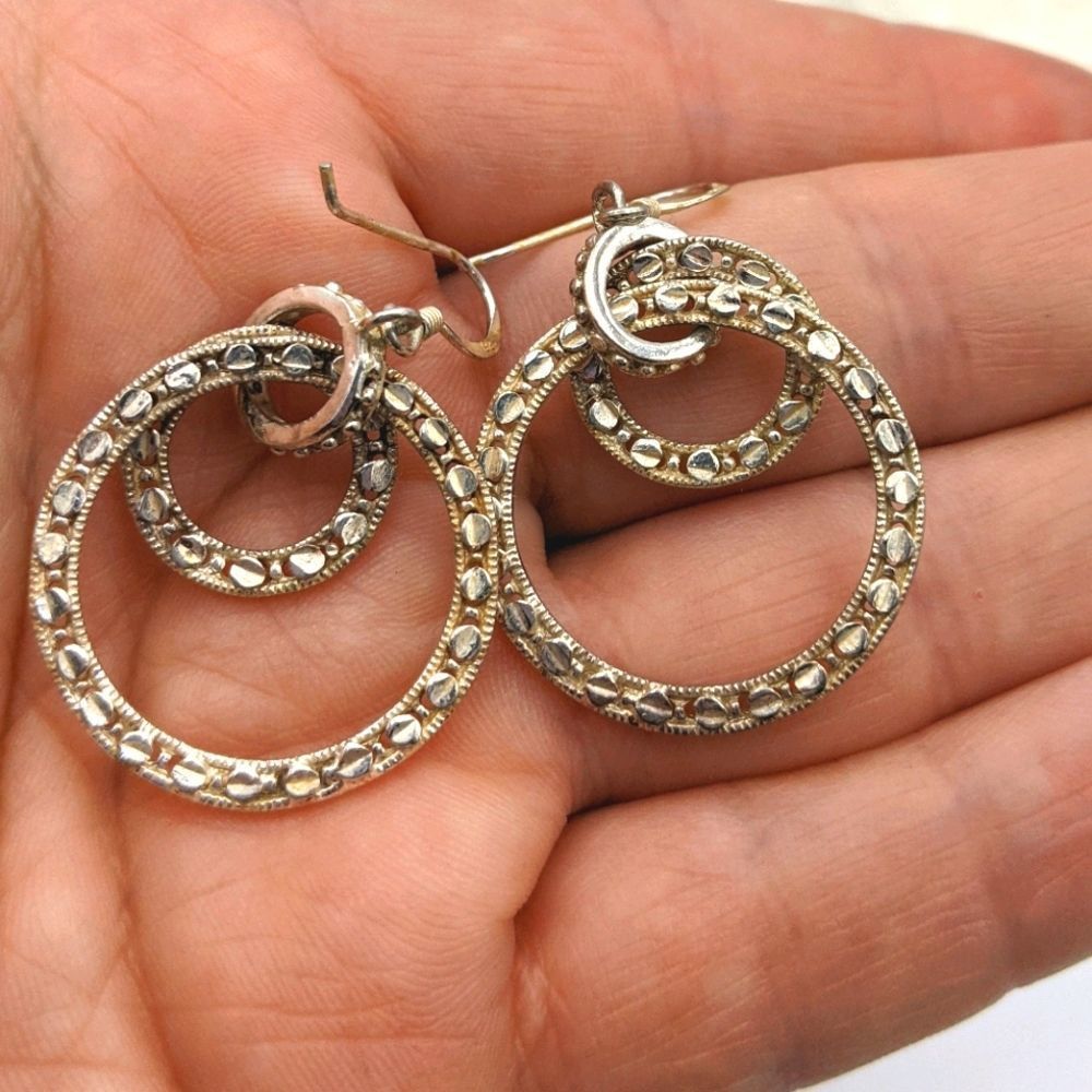 Sterling Silver 925 Double Circle Drop Earrings - image 1